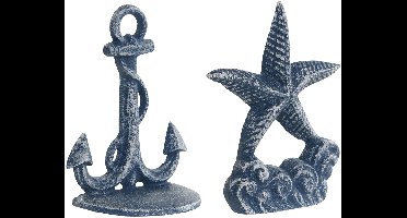 Deurstopper Zeester/Anker - blauw - gietijzer - 15 cm - maritiem