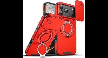 Hoesje Geschikt voor iPhone 17 Pro Max hoesje Rood - Shock Hybrid Armor Hoes met Kickstand Ring en Camera Bescherming - Geschikt voor MagSafe