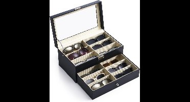 Oneay Opbergdoos voor zonnebrillen — Displaydoos met 12 vakken voor meerdere brillen (unisex) — Dubbellaagse leren organizer voor zonnebrillen en sieraden, met lade