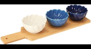 Tapasset met keramiek kommen op dienblad blauw en wit 40×10cm