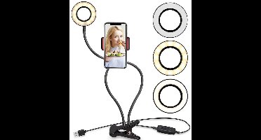 Leeslamp met telefoonhouder – zwart – 1 stuk – Oogbeschermende kinderlamp, 360° flexibele ganzennak, selfie ringlamp, LED make-up spiegel lamp (selfie ringlamp met telefoonhouder)