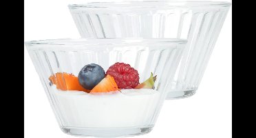 Excellent Houseware Kommetje/serveer schaaltje - 12x - ontbijt/hapjes - glas - streep relief - 300 ml