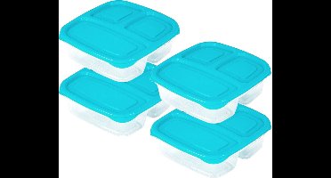 PlasticForte Vershoudbakje - 4x - 3-vaks - 1,2L - meal prep - herbruikbaar - blauw - vaatwasser bestendig - magnetron bakjes