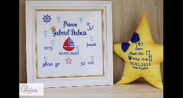 Gepersonaliseerde geborduurde lijst met een boot in blauw 30x40cm/ Personalized embroidered frame with a boat in blue 30x40cm
