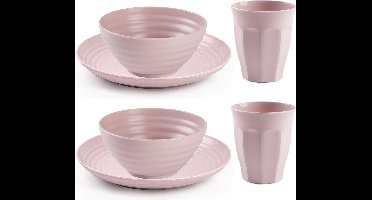 Plasticforte Camping Servies set - kunststof - roze - 8x borden/8x drinkbekers/8x kommetjes - onbreekbaar