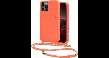 Hoes Geschikt voor iPhone 16 Pro Max Hoesje Pasjeshouder Cover Met Koord Case Siliconen Hoes Met Telefoonkoord en Kaarthouder - Papaya