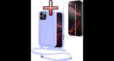 Hoes Geschikt voor iPhone 16 Pro Max Hoesje Pasjeshouder Cover Met Koord Case Siliconen Hoes Met Telefoonkoord en Kaarthouder Met Screenprotector - Lila