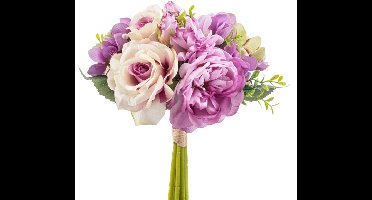 Emerald - Kunstbloem Roos Hortensia bundel 28cm paars - Kunstplant voor binnen