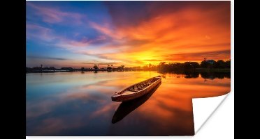 Poster Boot - Water - Zonsondergang - Oranje - Water - 30x20 cm - Kerstversiering - Kerstdecoratie voor binnen - Kerstmis
