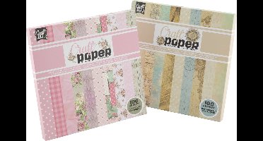 Design Papier Hobby 2pcs - Scrapbook Papier Vintage & Bloemen Thema - 100 Vellen per set - 200 grams en 80 grams - Formaat 20 x 20 CM - 10 x 10 Designs per set