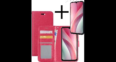 Hoesje - Met Screenprotector - Geschikt voor Samsung Galaxy A15 - Luxe Pasjeshouder - Bookcase Portemonee - Flip Case - Kunstleer Book Case - Flipcase - Book Cover - Walletcase - Portemonneehoes - Donkerroze