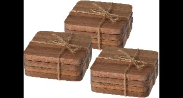 Excellent Houseware Vierkante acacia houten glazen onderzetters - 12x stuks - 10x10 cm - Luxe uitstraling