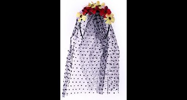 Diadeem sluier zwart met bloemen