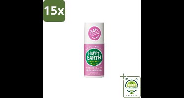 15 x Happy Earth – Deodorant Roll-On – 100% Natuurlijk Lavender Ylang – 75 ml - Grootverpakking - Natuurlijke Deodorant - Frisse Geur - Lavendel - Ylang-ylang - Huidvriendelijk