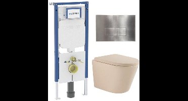 QeramiQ Dely Toiletset - 36.3x51.7cm - diepspoel - rimless - Geberit UP720 inbouwreservoir - softclose toilet zitting 35 mm - steel bedieningsplaat - rechthoekige knoppen - mat beige