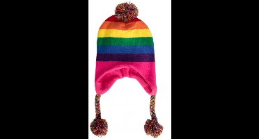 Gebreide Ijsmuts Regenboog met pompon en tassels