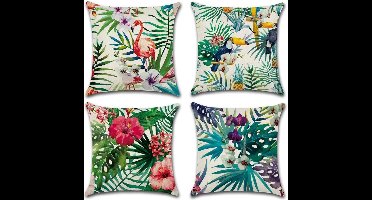 Goodivery ® Cotton Linen Kussensloop 45 x 45 cm - Tropische Planten Design - Set van 4
