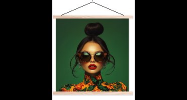 Posterhanger incl. Poster 60x60 cm - Schoolplaat - Vrouw - Groen - Modern - Bril - Abstract - Textielposter - Blanke latten