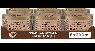 OGX Braziliaanse Keratine Haarmasker - Altijd Steil & Glad - Intens Gladmakend Masker met Keratine & Cacaoboter voor Pluizig Haar - 6x300 ml
