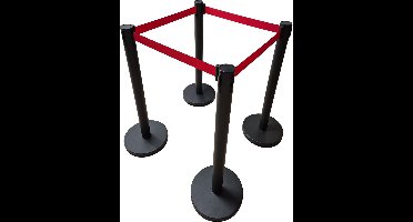 4 zwarte afzetpalen met uittrekbaar rood lint -Totaal 8 meter lint - verzwaarde paal - Mexxo