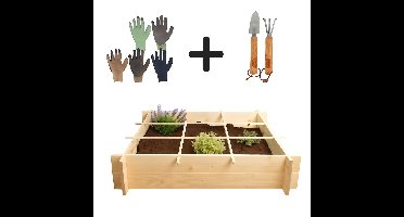 Esschert Design Moestuin Set – 100x100 cm – Inclusief Minischep, Hark en Worteldoek & Nitril Handschoenen – 9 Vakken – Moestuinset voor Balkon of Tuin