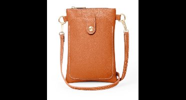 Cognac Leren Schoudertas - Schoudertassen met Telefoonvak - Leren Telefoontasjes - Goud Beslag - Leer - Cognac