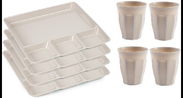 Plasticforte Vakjesborden 8x - met bekers 8x - beige - kunststof - gourmetborden - bbq borden - servies