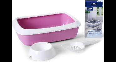 kattenbak startersset voor kittens roze / wit - 42 x 31 x 12.5 cm - incl voerbakje - 12 kattenbakzakken savic en een schepje - ideaal voor op te starten met uw lieve kitten