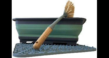 HEM Complete Afwas Set – Opvouwbare Afwasbak/ Dienblad 8L + Bamboe Afwasborstel + Blauwe Siliconen Afdruipmat – Keukenafwasset , afwassetCamping