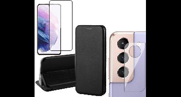 Hoesje geschikt voor Samsung Galaxy S21 FE - Book Case Kunstlederen Wallet Cover Minimalistisch Pasjeshouder Hoes Zwart - Full Tempered Glass Screenprotector - Camera Lens Protector
