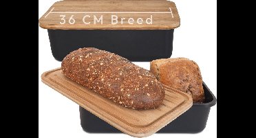 Gadgy Broodtrommel met Bamboe Deksel – Brooddoos met Snijplank - Bewaardoos Crackers en Ontbijtkoek - Vershouddoos - 36x19.5x11.5 cm- zwart