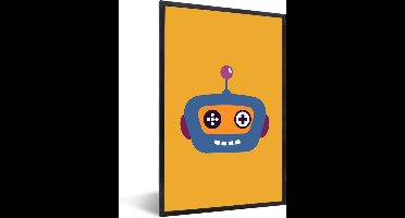 Fotolijst incl. Poster - Robot met een grappige grijs op zijn gezicht tegen een oranje achtergrond - 60x90 cm - Posterlijst