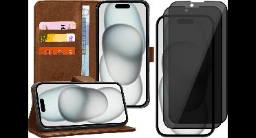 Hoesje geschikt voor iPhone 15 Plus - 2x Privacy Screen Protector FullGuard - Book Case Kunstleer Pasjeshouder Bruin & Screenprotector
