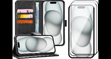 Hoesje geschikt voor iPhone 15 - 2x Screen Protector FullGuard - Book Case Kunstleer Pasjeshouder Zwart & Screenprotector