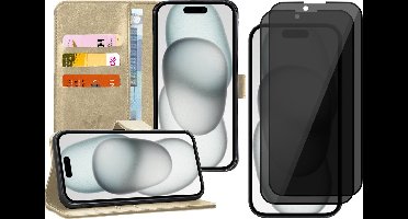 Hoesje geschikt voor iPhone 15 Plus - 2x Privacy Screen Protector FullGuard - Book Case Kunstleer Pasjeshouder Goud & Screenprotector