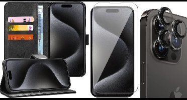 Hoesje geschikt voor iPhone 15 Pro - Screenprotector GlassGuard & Camera Lens Screen Protector Zwart - Book Case Kunstleer Pasjeshouder Zwart