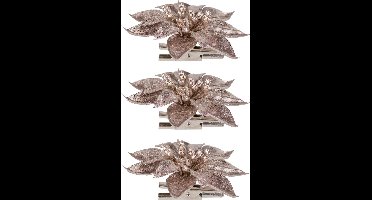 4x stuks decoratie bloemen kerststerren roze glitter op clip 9 cm - Decoratiebloemen/kerstboomversiering