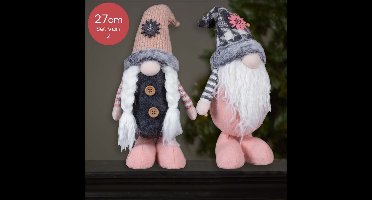 Roze handgemaakt Gnomen-duo met een beige of grijs kleurige muts - 27(37)cm