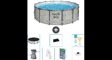 Bestway Rond Steel Pro MAX Zwembad - Steenprint - 427 x 122 cm - Inclusief Pomp - Ladder - Afdekzeil - Solar Mat - Verlichting - 8-delig