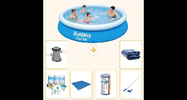 Bestway Rond Opblaasbaar Fast Set Zwembad - 366 x 76 cm - Blauw - Inclusief Onderhoudspakket - Grondzeil - Filter - Stofzuiger - Zwembadfilterpomp - Solarzeil - 7-delig