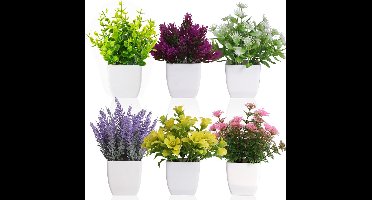 Kunstplanten Set van 6 - Kunstplantjes in Witte Pot - Mini Nepgipskruid en Kunstbloemen - Decoratieve Tafelplanten Binnen - Multicolor