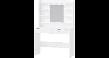 Make-up Tafel – Kaptafel – Dressing Table – Vanity Table – Sieradekast – Wit – Verstelbare Verlichting – 40 x 100 x 149 cm – 6 Open Vakken en 2 Lades