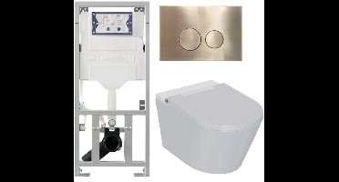 QeramiQ Luma Douche WC Set - Geberit UP320 inbouwreservoir - met Burda frame - fohn - ladydouche - geborsteld messing bedieningsplaat - ronde knoppen - glans wit