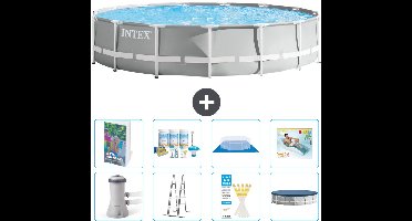 Intex Rond Prism Frame Zwembad - 457 x 107 cm - Grijs - Inclusief Pomp - Ladder - Grondzeil - Afdekzeil - Onderhoudspakket - Loungebed - 9-delig