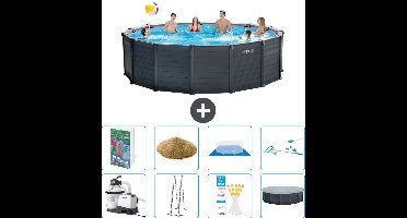 Intex Rond Graphite Gray Panel Zwembad - 478 x 124 cm - Inclusief Pomp - Ladder - Grondzeil - Afdekzeil - Filterzand - Schoonmaakset - 9-delig