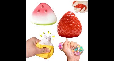 4 stuks aardbeienknijpspeeltjes, watermeloen knijpspeeltjes, zacht speelgoed voor kantoorpersoneel en studenten, zacht sensorisch speelgoed voor dagelijkse ontspanning, friemelspeeltje, kaasmuis, kaasknijpbal, leuke stressbal