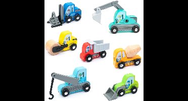 Houten speelset met bouwvoertuigen voor kinderen — inclusief een graafmachine, kraan, wals en meer. Deze 7-delige set is geschikt voor kinderen van 3, 4 en 5 jaar.