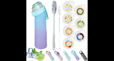 Waterfles Van 650ml - Met Lekvrije Klapdeksel - Met 7 Smaakcapsules - Bpa-Vrije Sportdrinkfles Met Rietje - Vaatwasmachinebestendig -Waterfles Met Draagriem - Met 2 Komborstels - Blauw Met Kleurverloop