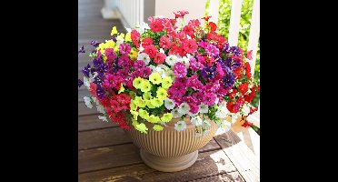 12 stuks kunstbloemen voor buitendecoratie - Kleurrijke zijden morning glory met eucalyptusbladeren - UV-bestendig - Realistische nepbloemen voor plantenbakken, voordeur, tuin en erf