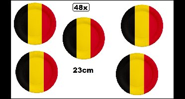 48x Bord 23cm zwart/geel/rood karton - Diner Belgie WK 2026 BBQ thema feest verjaardag feest